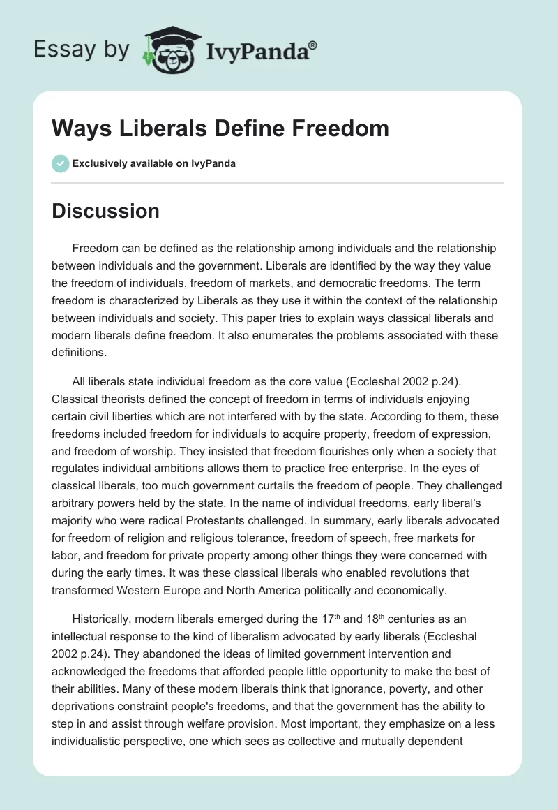 Ways Liberals Define Freedom. Page 1