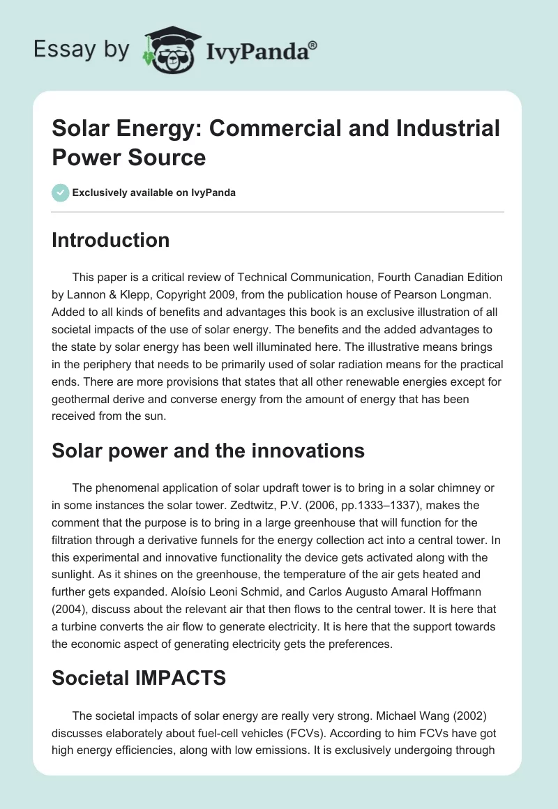 Solar Energy: Commercial and Industrial Power Source. Page 1