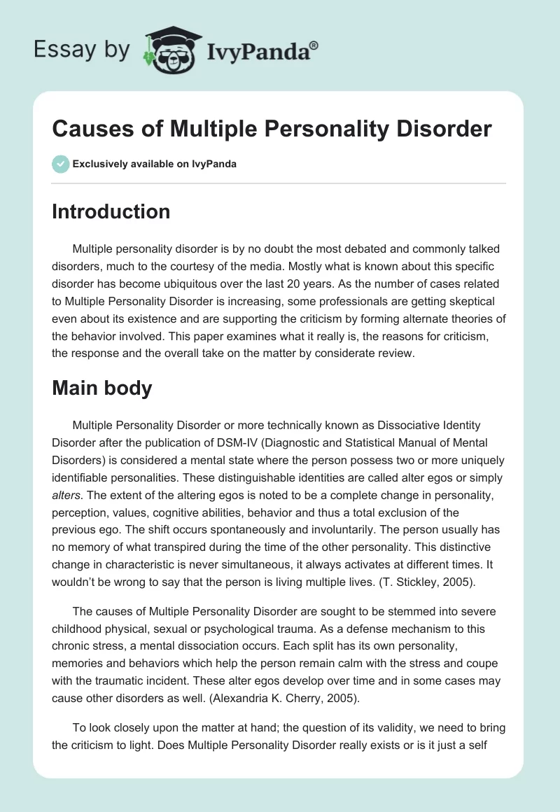 Causes of Multiple Personality Disorder. Page 1