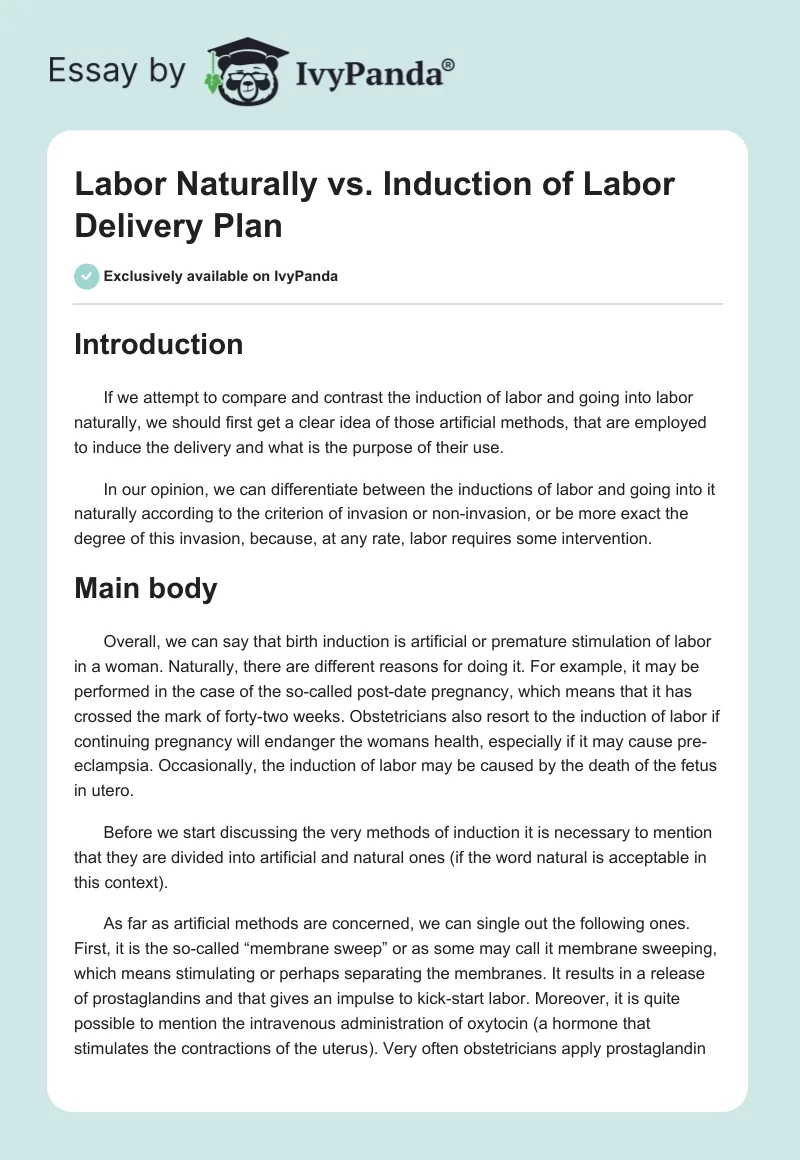 Labor Naturally vs. Induction of Labor Delivery Plan. Page 1