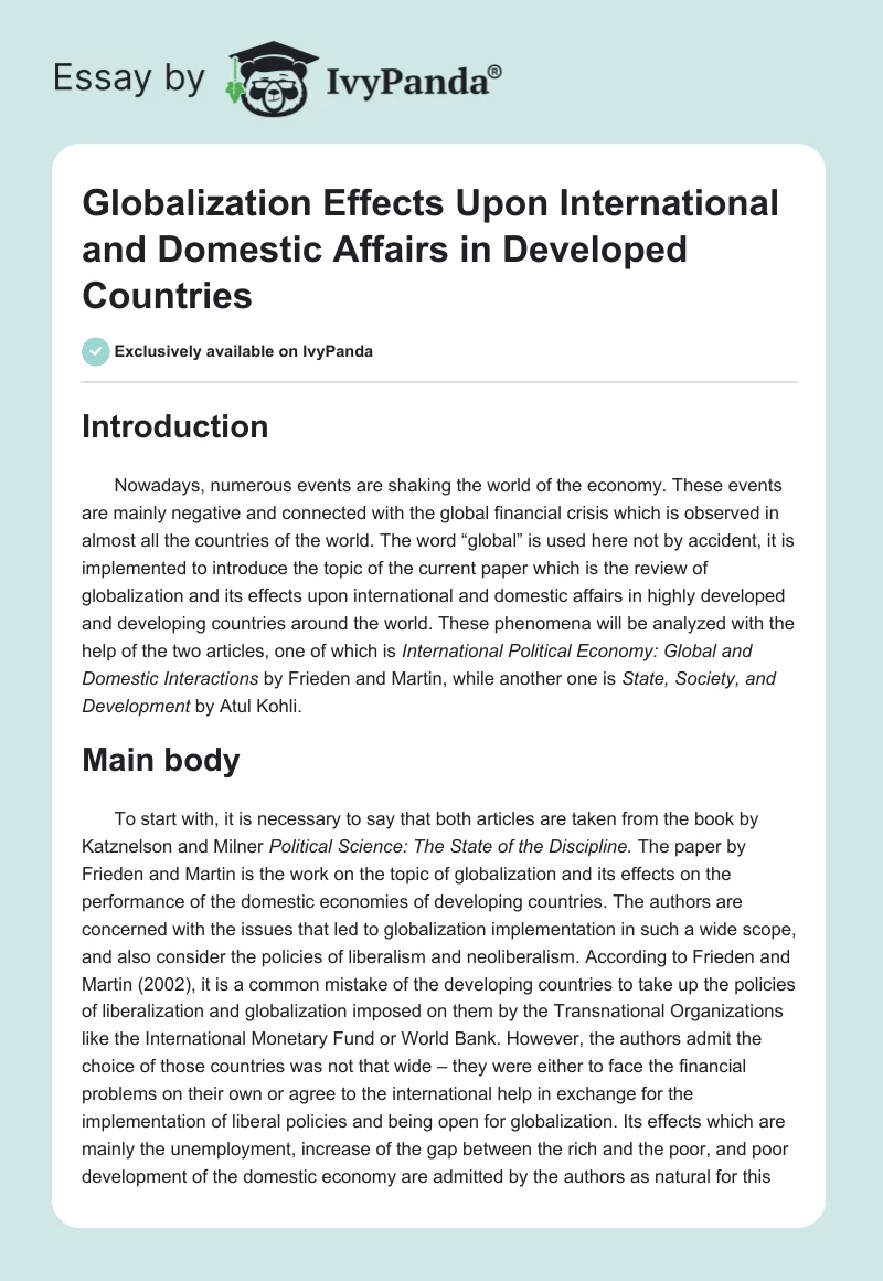 Globalization Effects Upon International and Domestic Affairs in Developed Countries. Page 1