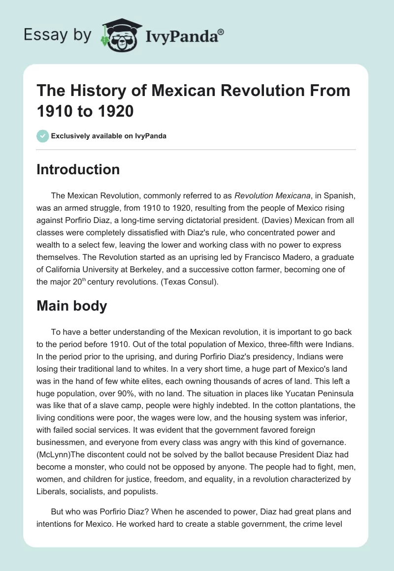 The History of Mexican Revolution From 1910 to 1920. Page 1