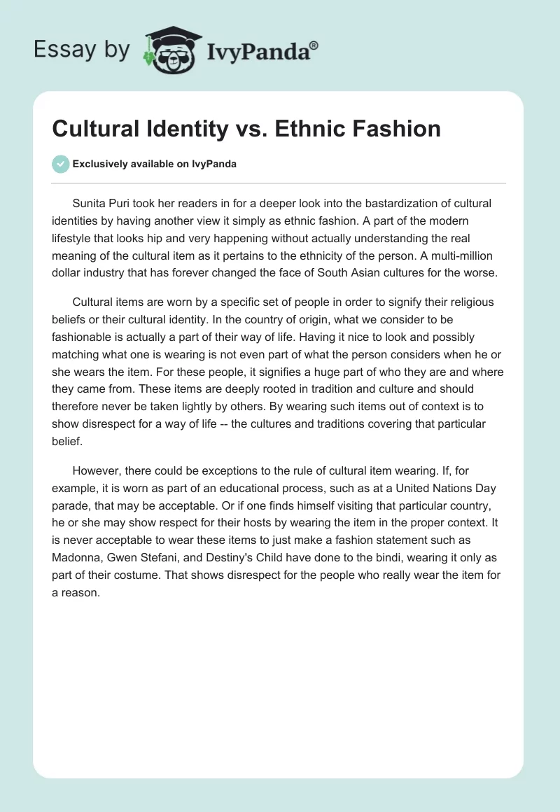 Cultural Identity vs. Ethnic Fashion. Page 1