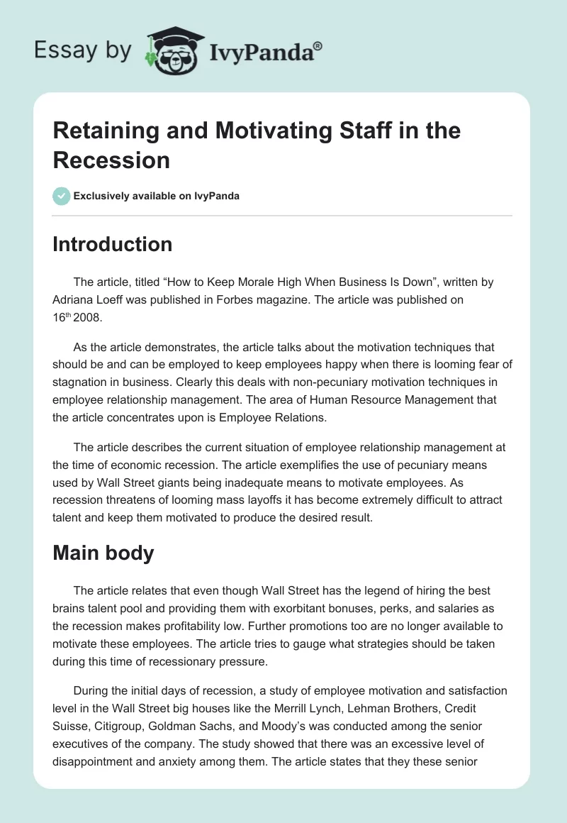 Retaining and Motivating Staff in the Recession. Page 1