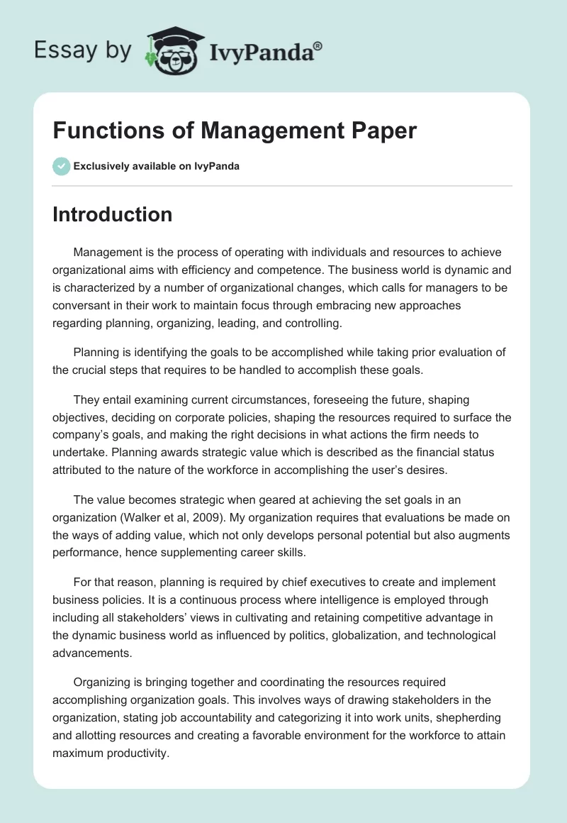 Functions of Management Paper. Page 1
