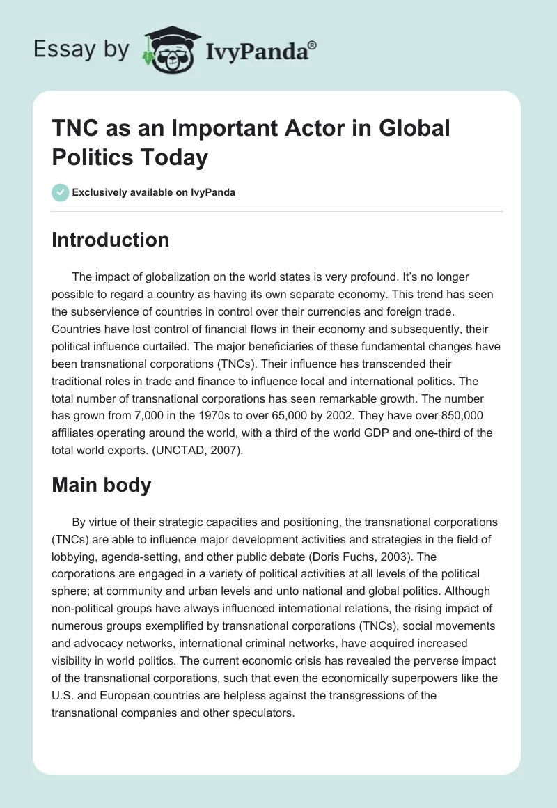 TNC as an Important Actor in Global Politics Today. Page 1