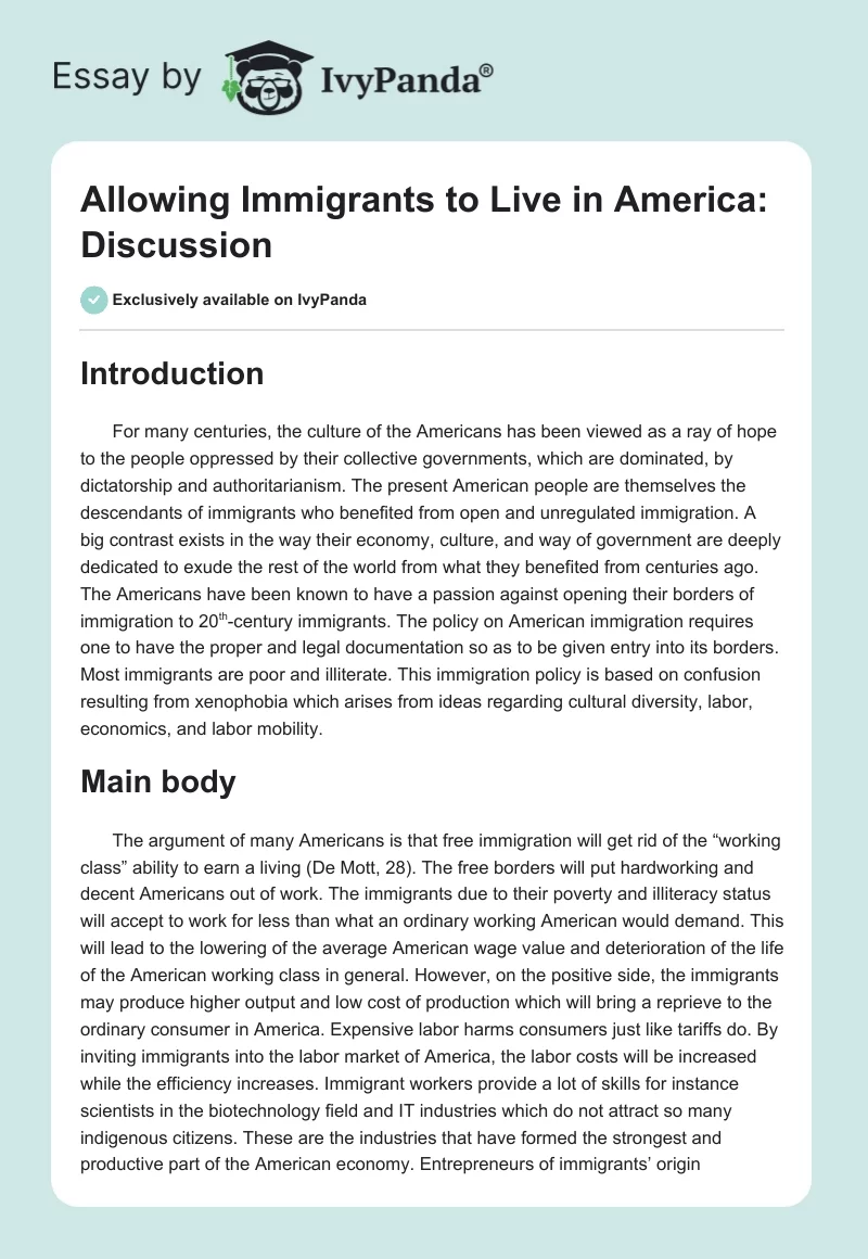 Allowing Immigrants to Live in America: Discussion. Page 1