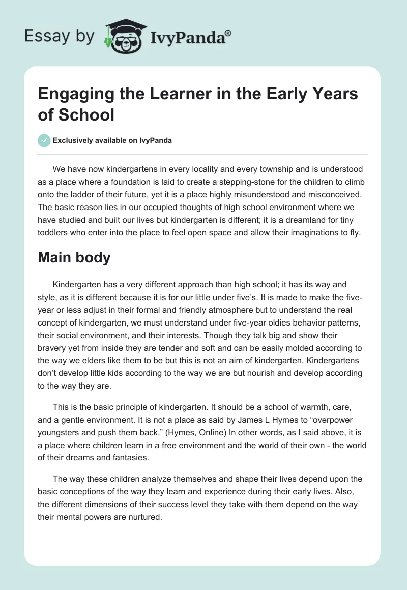 Engaging the Learner in the Early Years of School. Page 1
