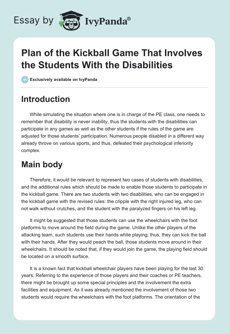 Plan of the Kickball Game That Involves the Students With the Disabilities. Page 1