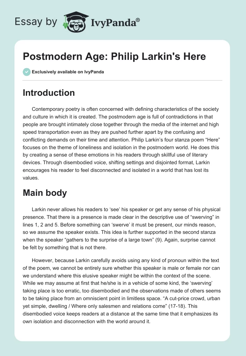 Postmodern Age: Philip Larkin's "Here". Page 1