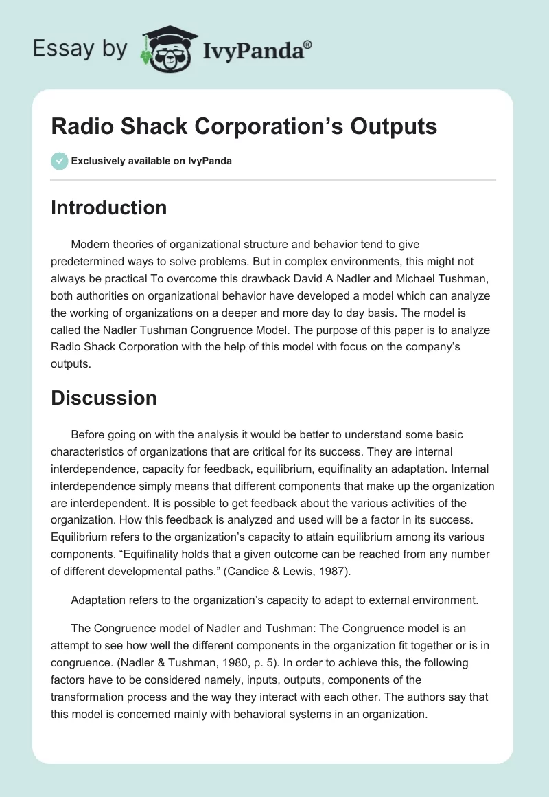 Radio Shack Corporation’s Outputs. Page 1