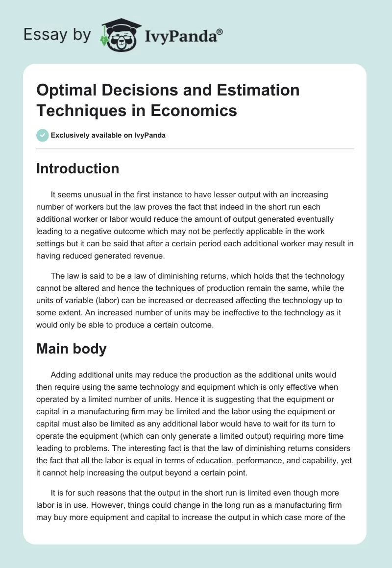 Optimal Decisions and Estimation Techniques in Economics. Page 1