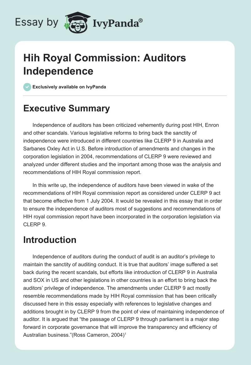 Hih Royal Commission: Auditors Independence. Page 1