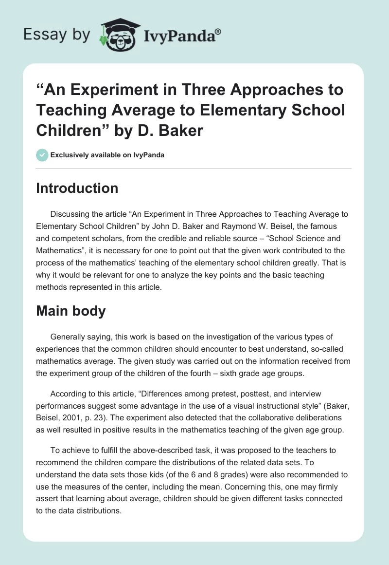 “An Experiment in Three Approaches to Teaching Average to Elementary School Children” by D. Baker. Page 1