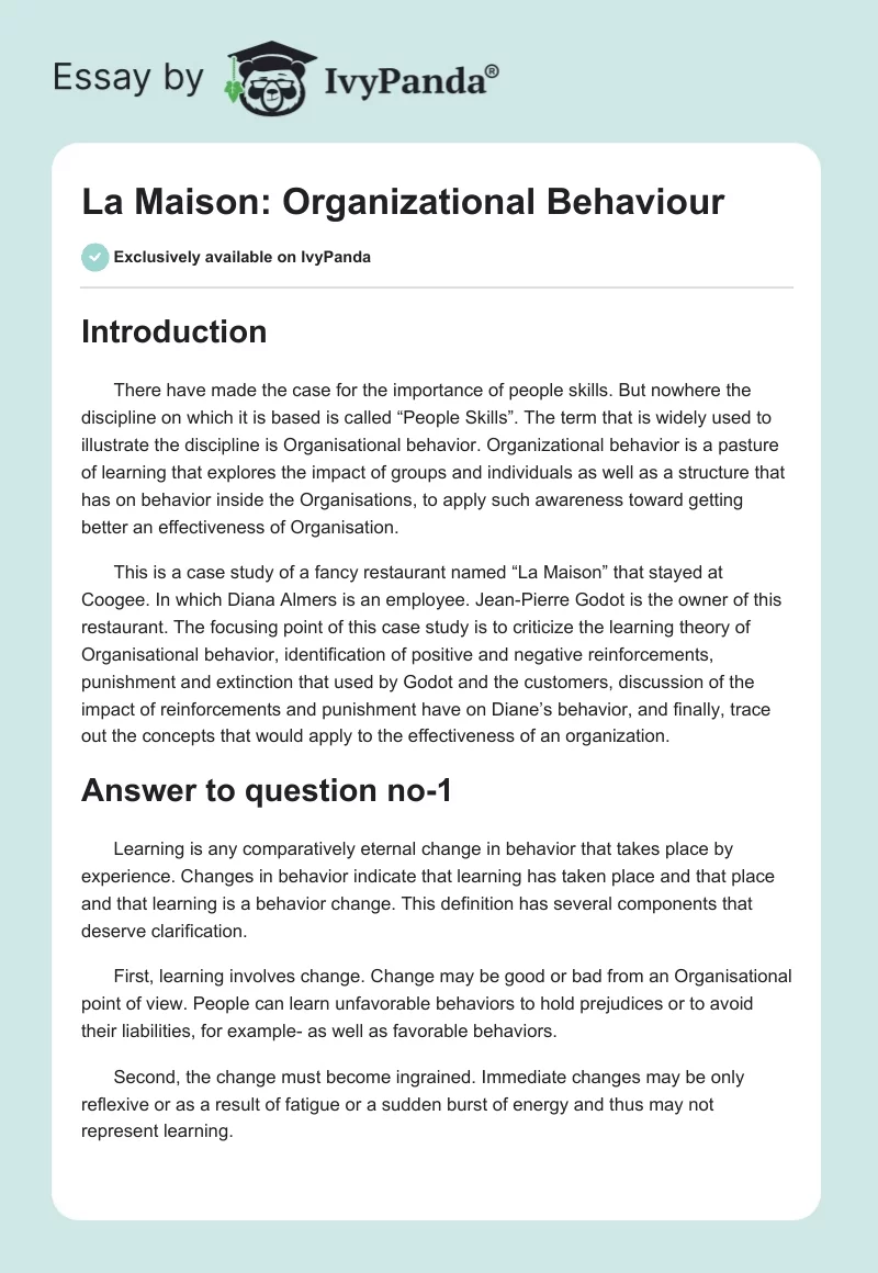 La Maison: Organizational Behaviour. Page 1