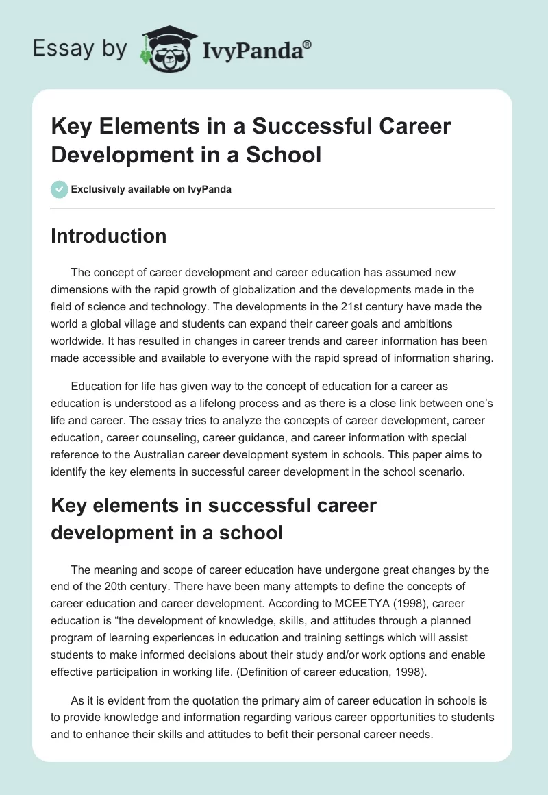 Key Elements in a Successful Career Development in a School. Page 1