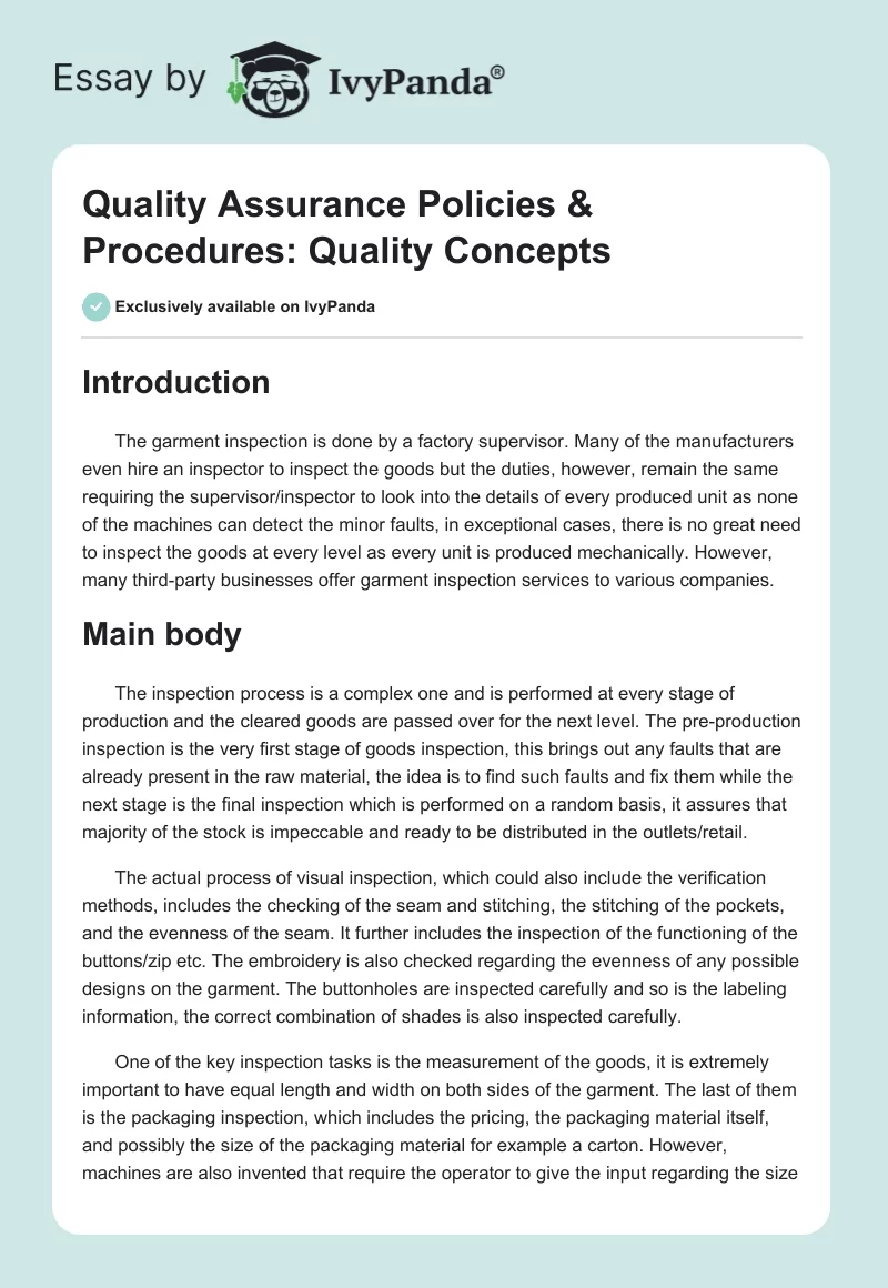 Quality Assurance Policies & Procedures: Quality Concepts. Page 1