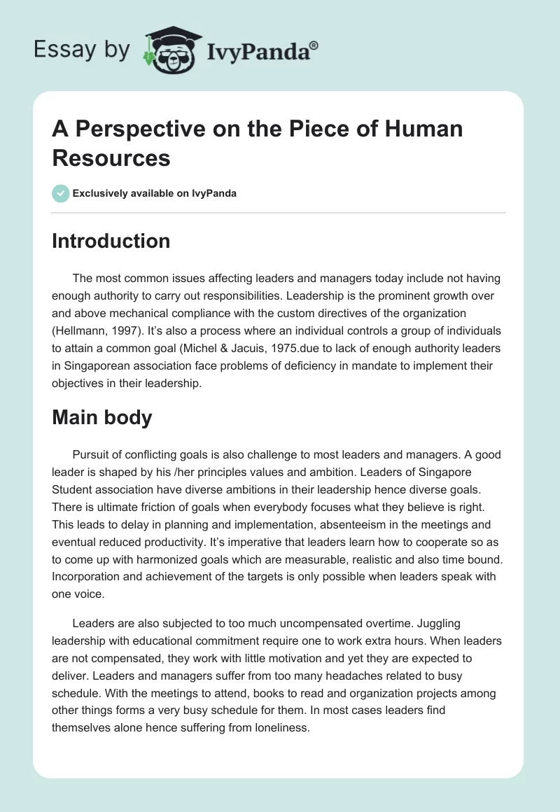 A Perspective on the Piece of Human Resources. Page 1