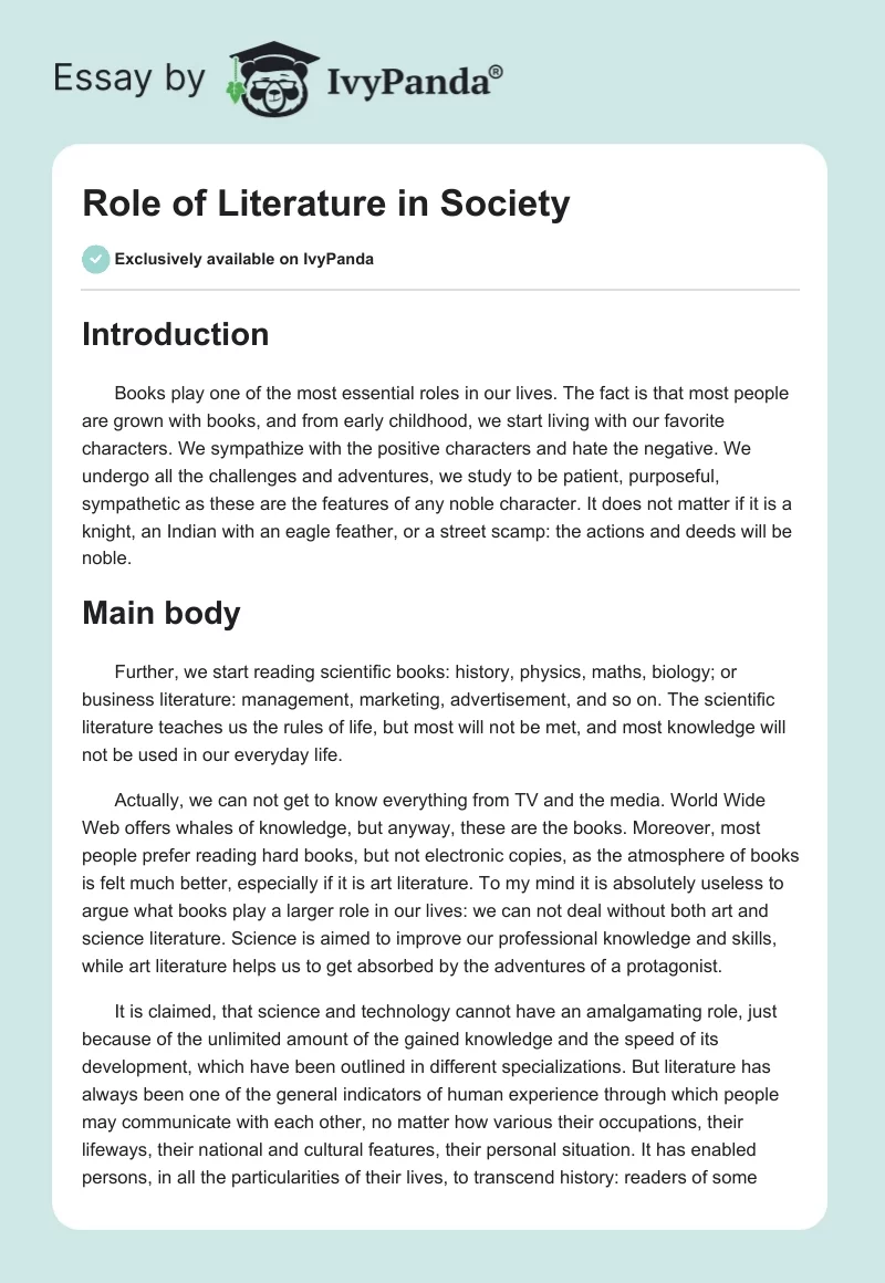 Role of Literature in Society. Page 1