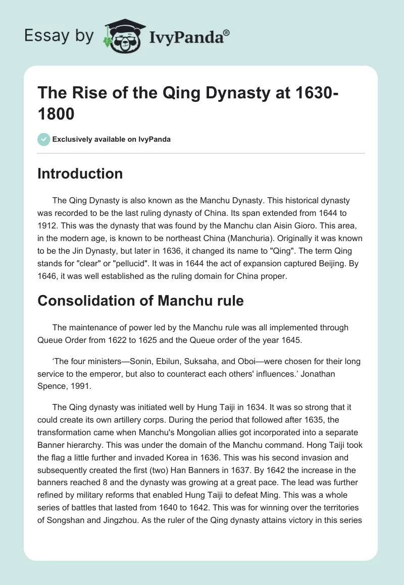 The Rise of the Qing Dynasty at 1630-1800. Page 1