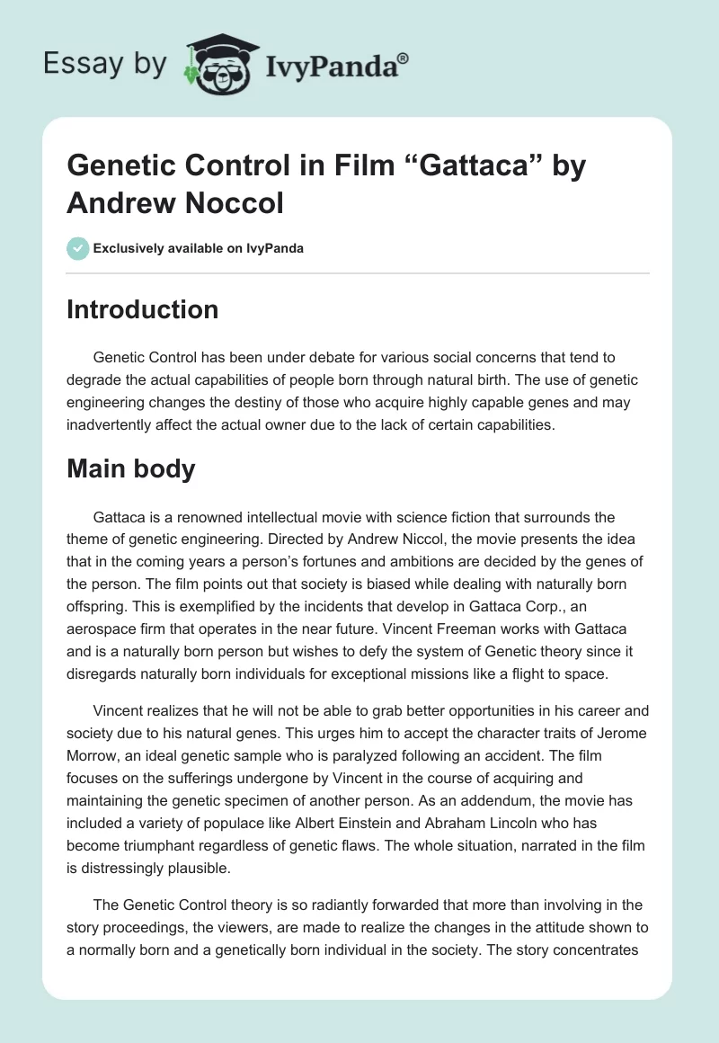 Genetic Control in Film “Gattaca” by Andrew Noccol. Page 1