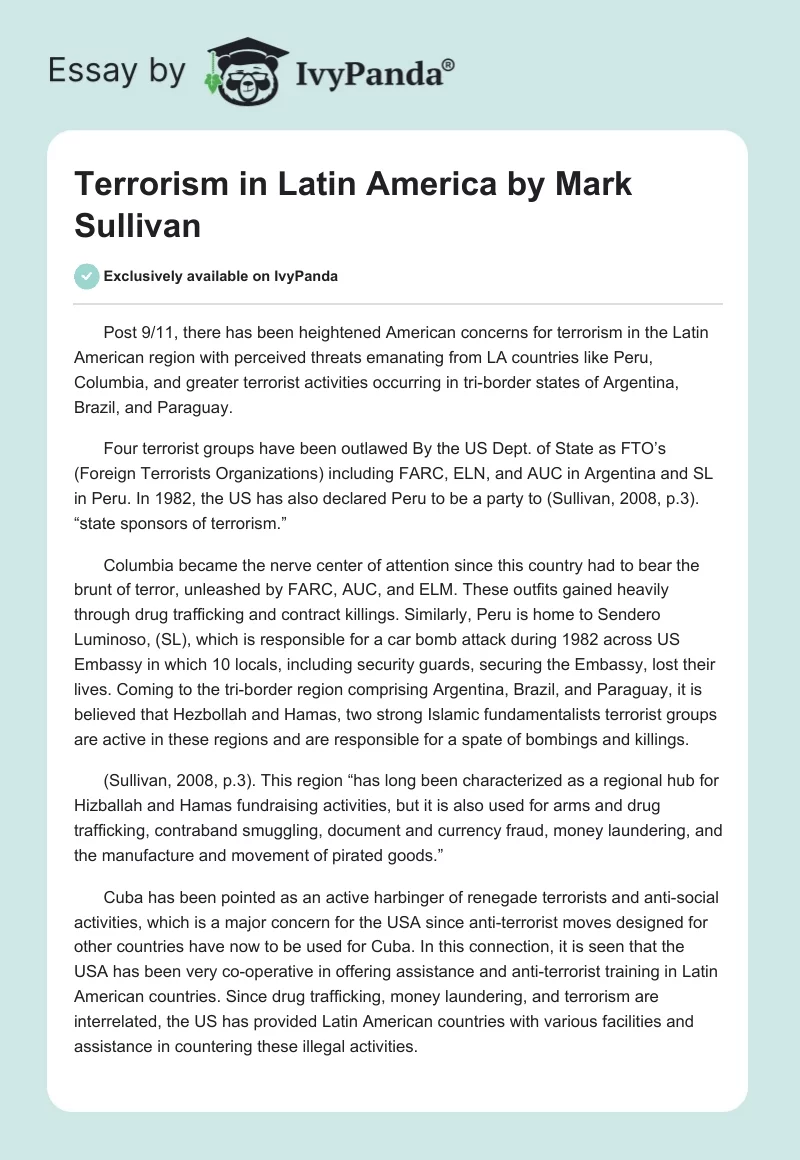 "Terrorism in Latin America" by Mark Sullivan. Page 1
