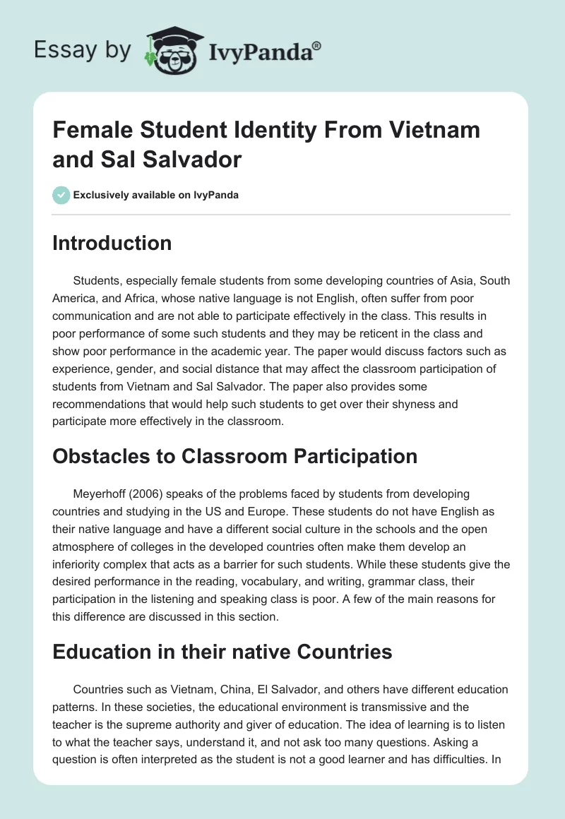 Female Student Identity From Vietnam and Sal Salvador. Page 1