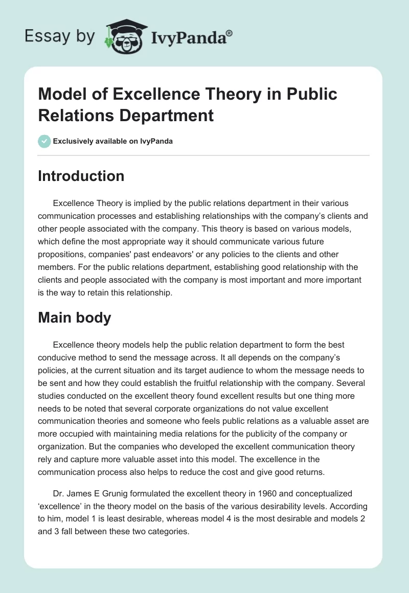 Model of Excellence Theory in Public Relations Department. Page 1