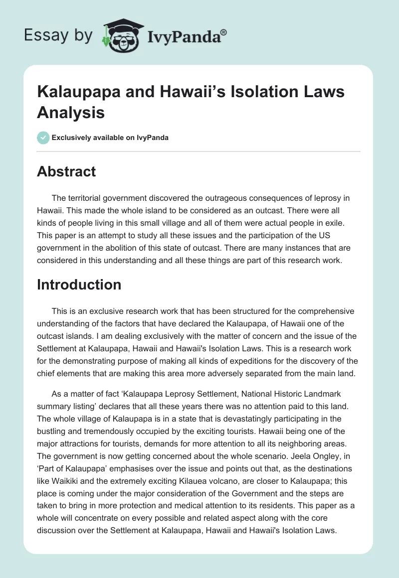 Kalaupapa and Hawaii’s Isolation Laws Analysis. Page 1