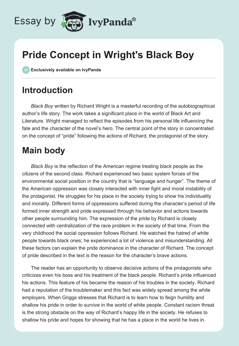 Pride Concept in Wright's "Black Boy". Page 1