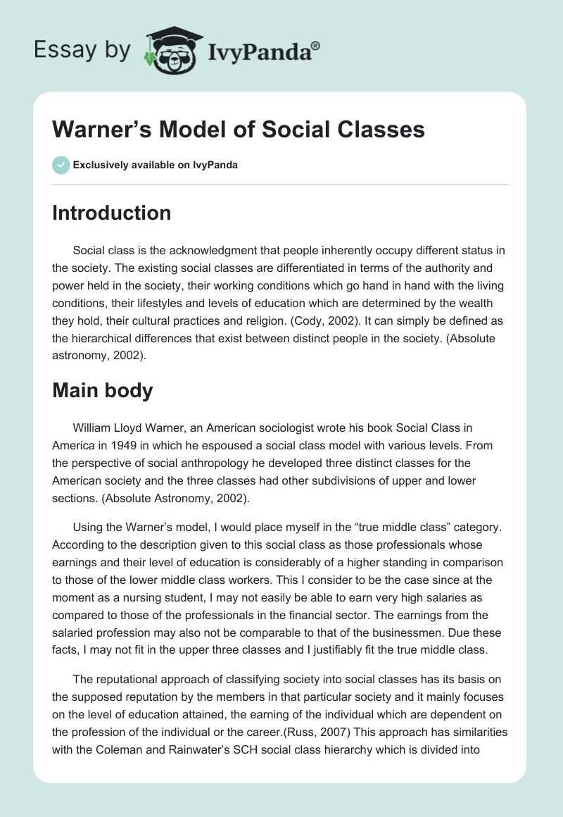 Warner’s Model of Social Classes. Page 1