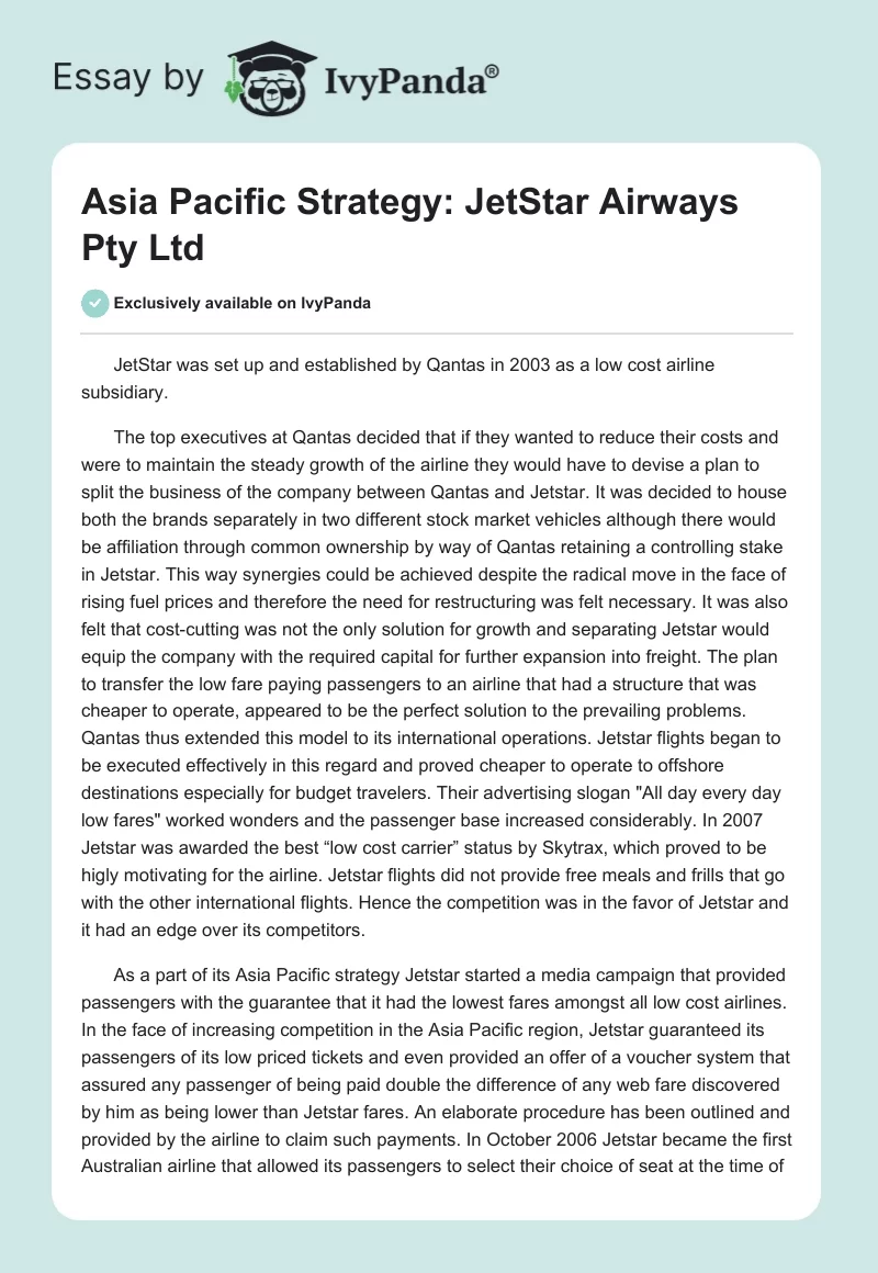 Asia Pacific Strategy: JetStar Airways Pty Ltd. Page 1
