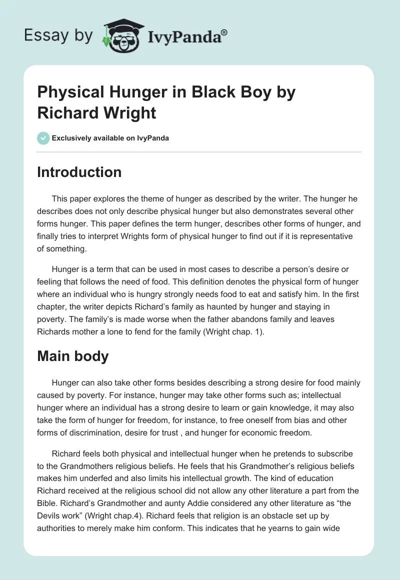 Physical Hunger in "Black Boy" by Richard Wright. Page 1