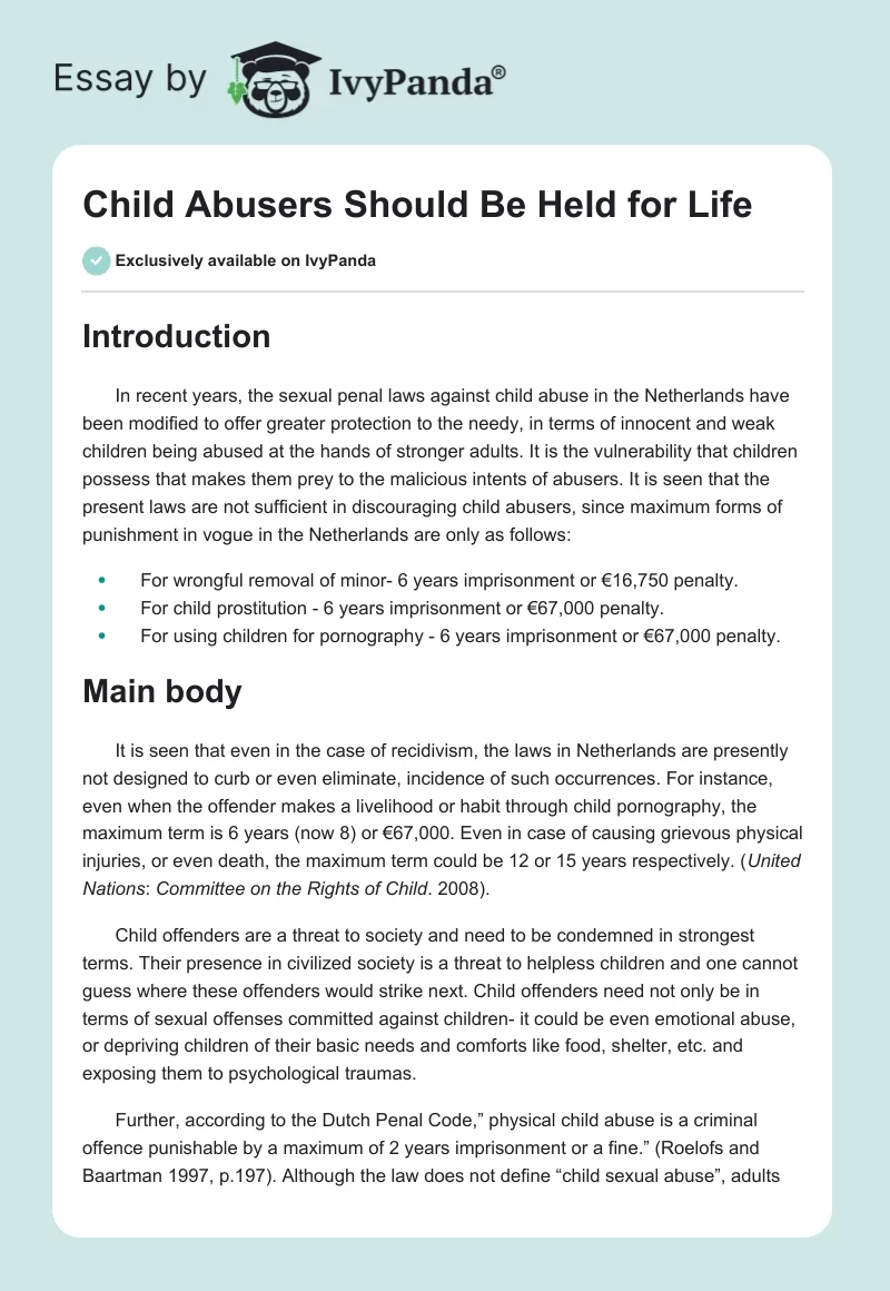 Child Abusers Should Be Held for Life. Page 1