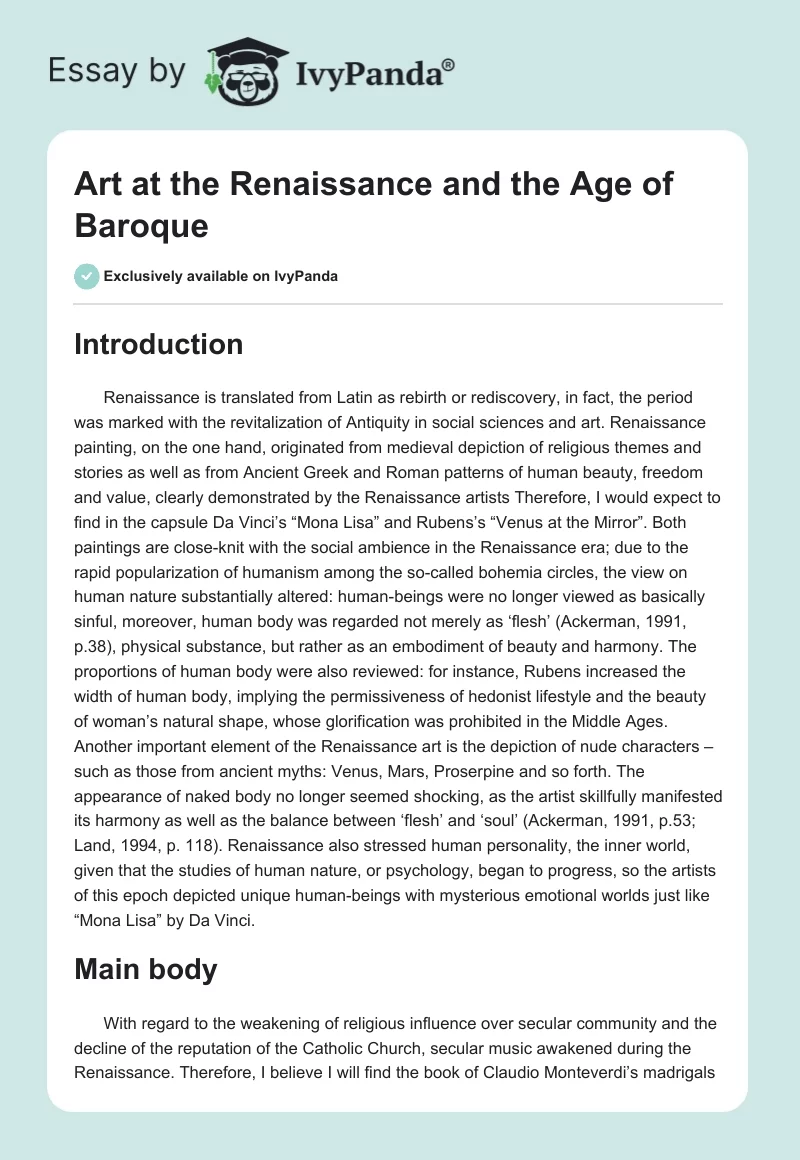 Art at the Renaissance and the Age of Baroque. Page 1