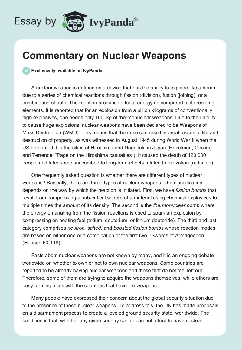 thesis statement for nuclear weapons