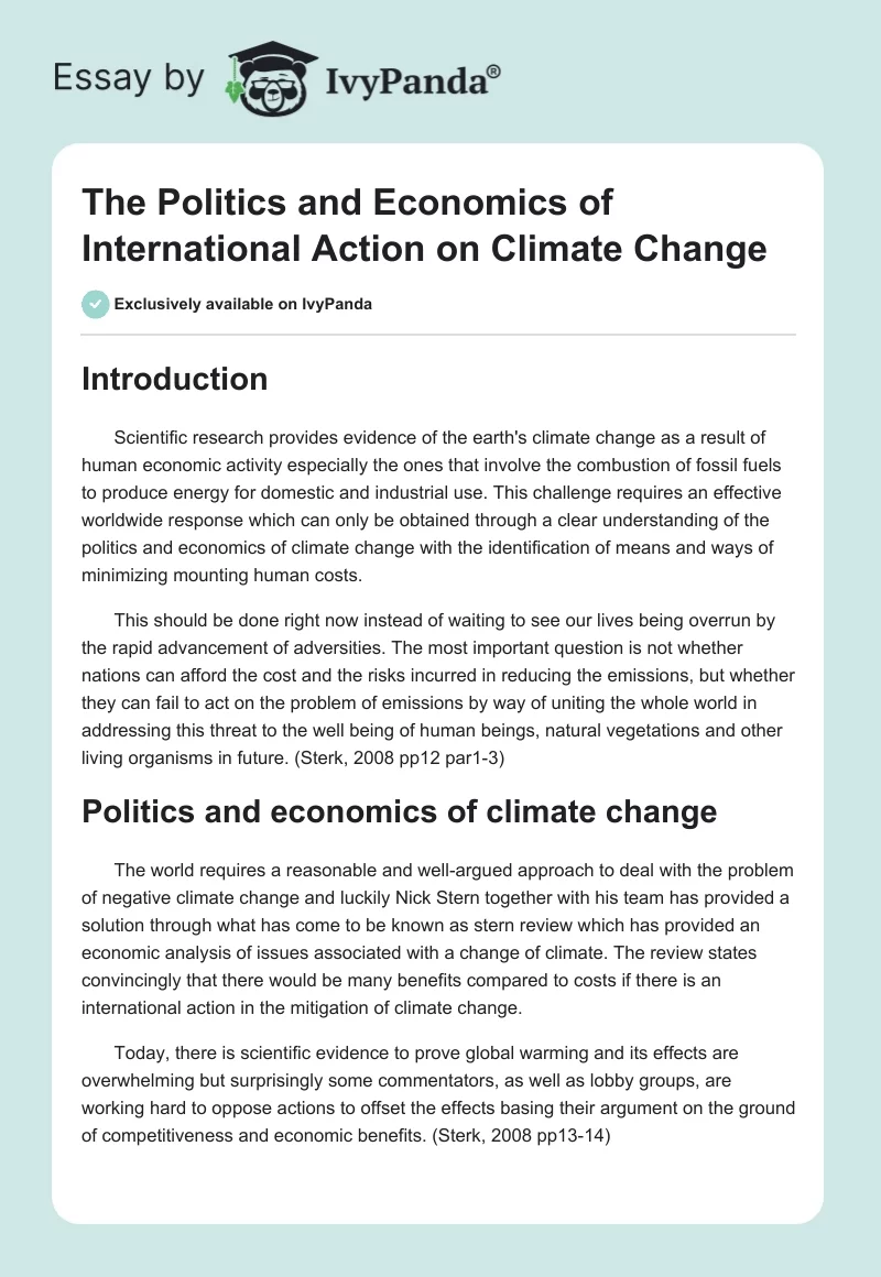 The Politics and Economics of International Action on Climate Change. Page 1