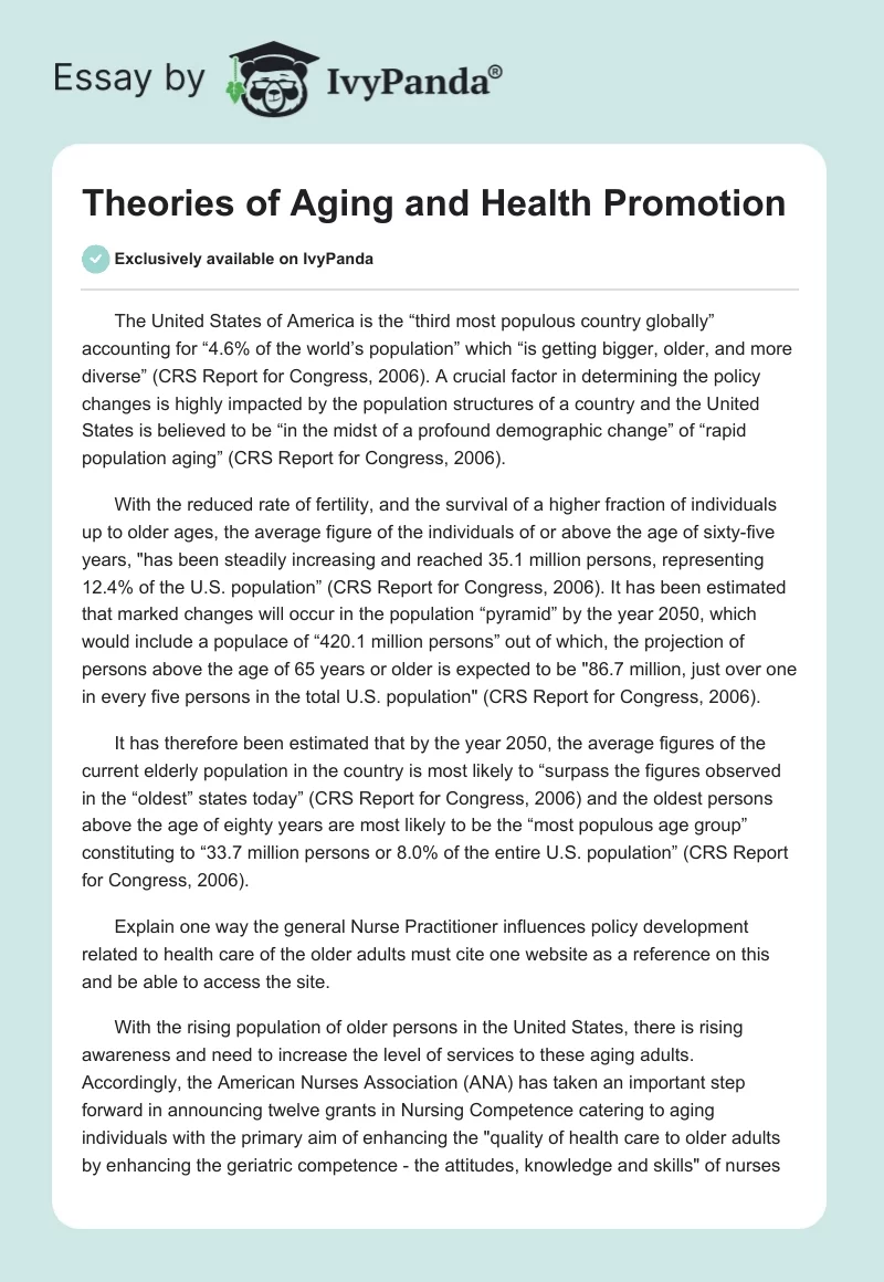 Theories of Aging and Health Promotion. Page 1