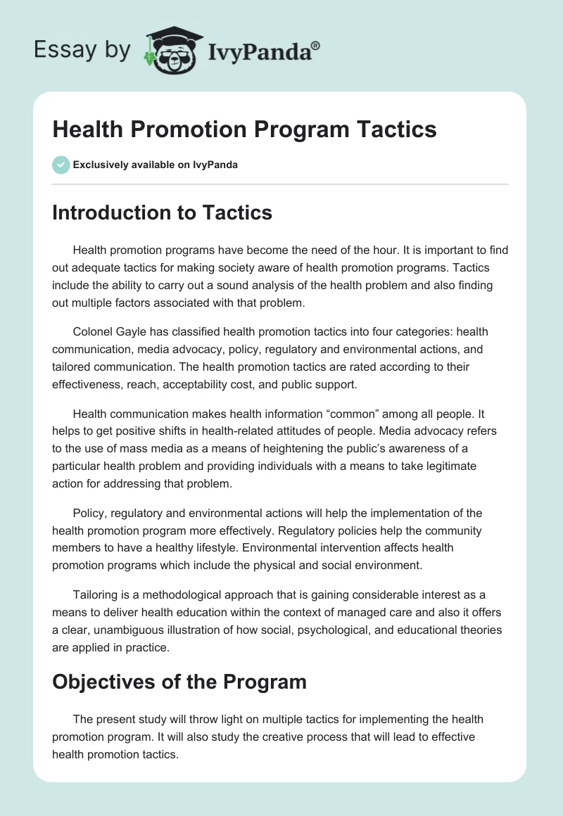 Health Promotion Program Tactics. Page 1
