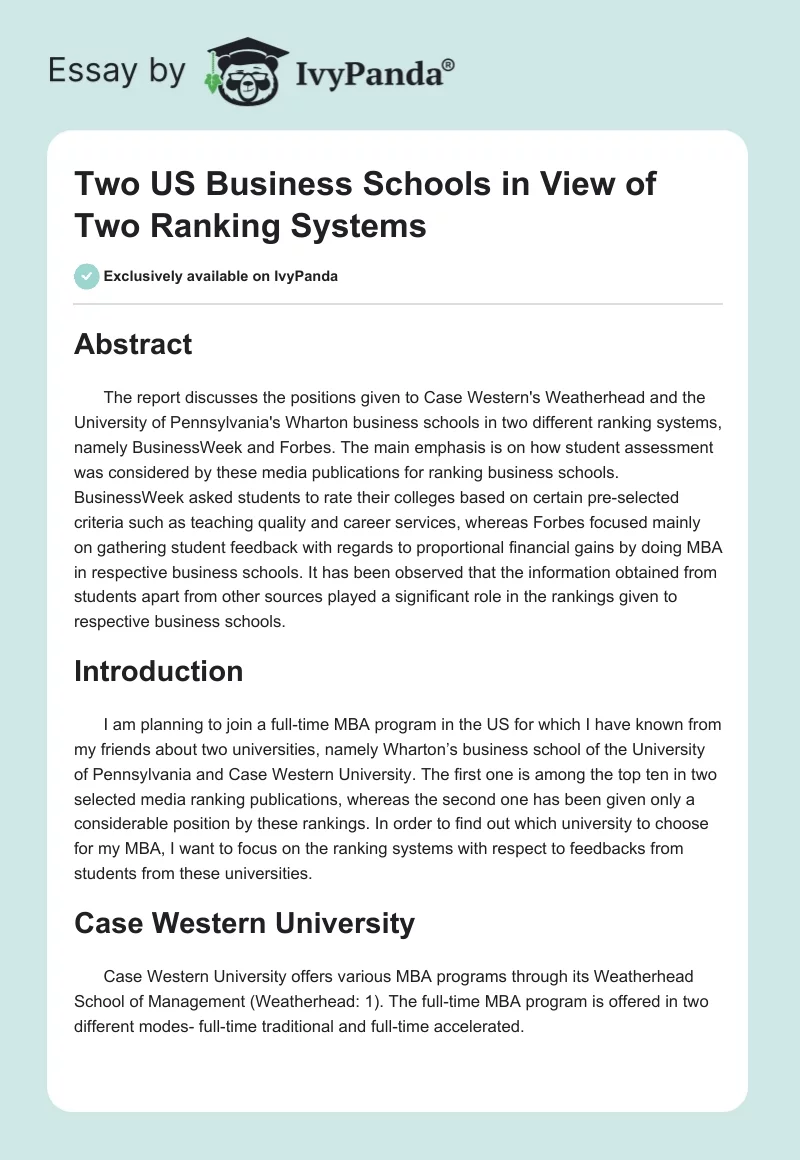 Two US Business Schools in View of Two Ranking Systems. Page 1