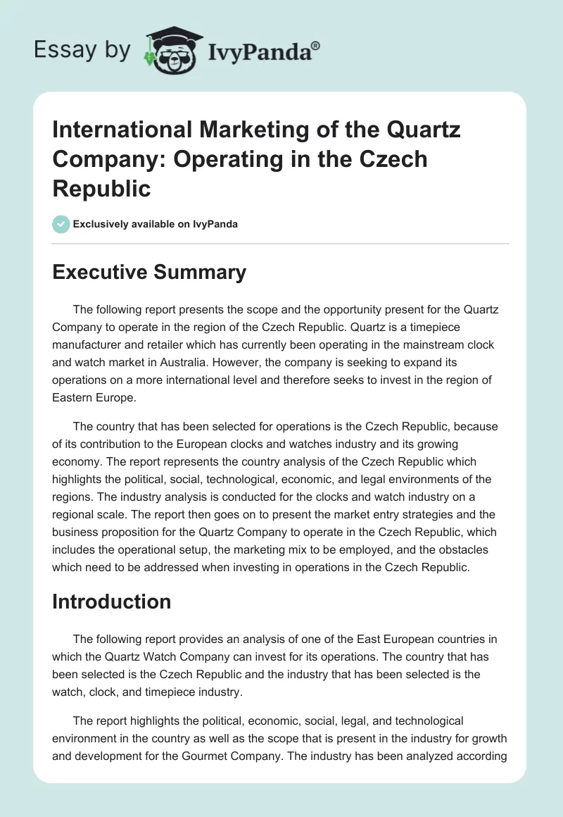 International Marketing of the Quartz Company: Operating in the Czech Republic. Page 1