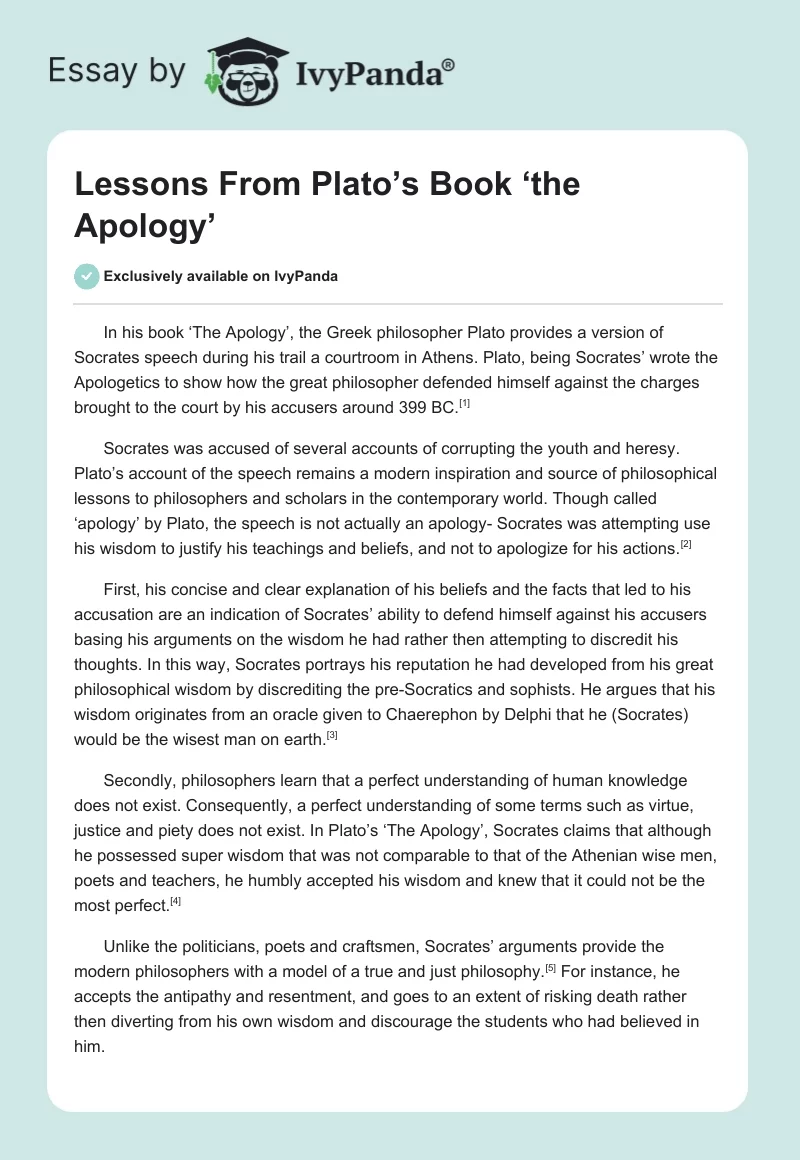 Lessons From Plato’s Book ‘the Apology’. Page 1