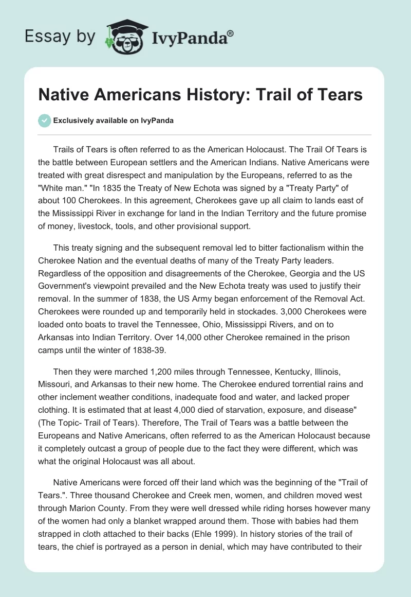 Native Americans History: Trail of Tears. Page 1