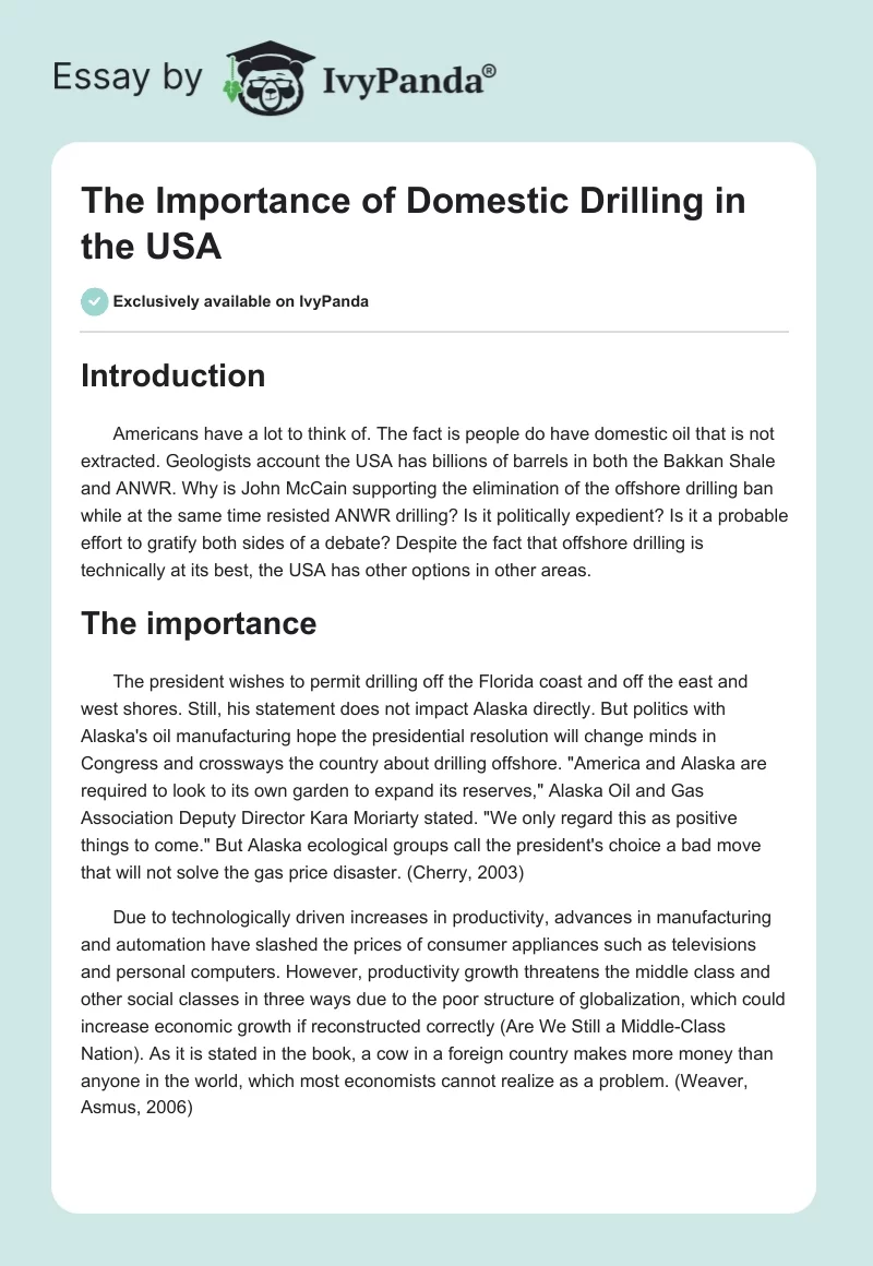 The Importance of Domestic Drilling in the USA. Page 1