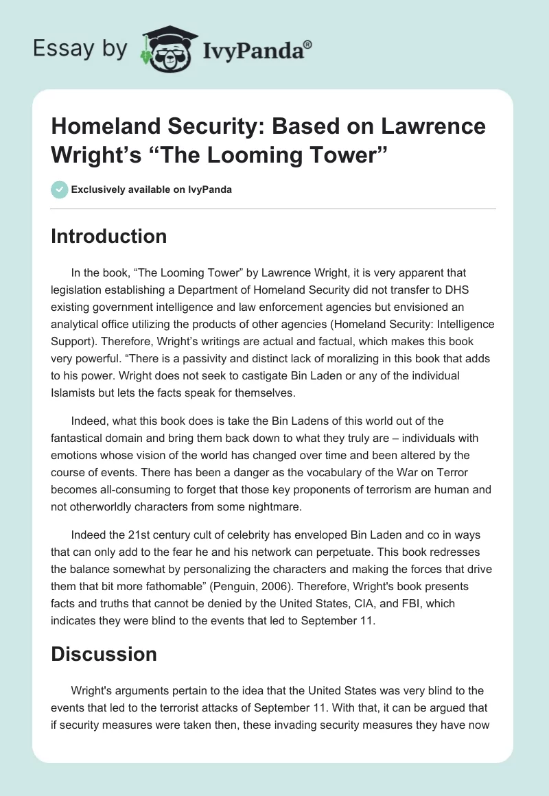 Homeland Security: Based on Lawrence Wright’s “The Looming Tower”. Page 1