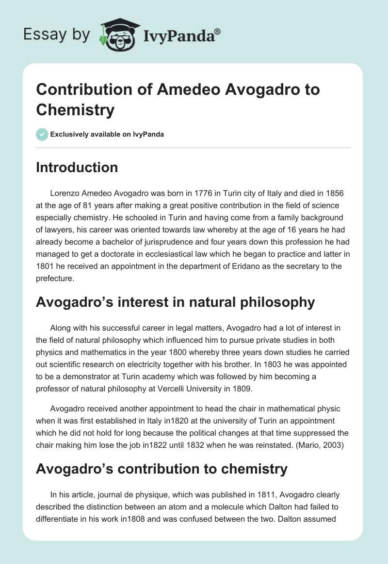 Contribution of Amedeo Avogadro to Chemistry. Page 1