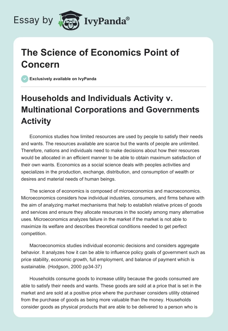 The Science of Economics Point of Concern. Page 1