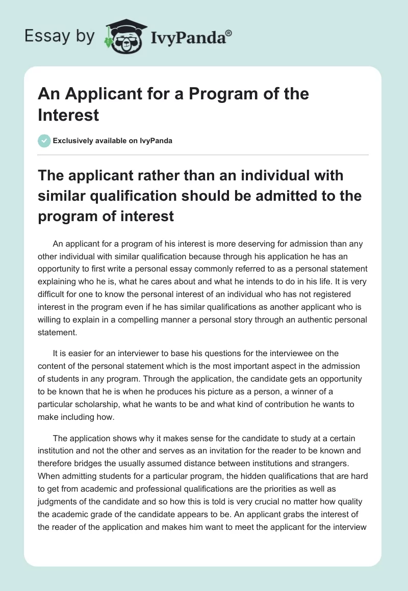 An Applicant for a Program of the Interest. Page 1