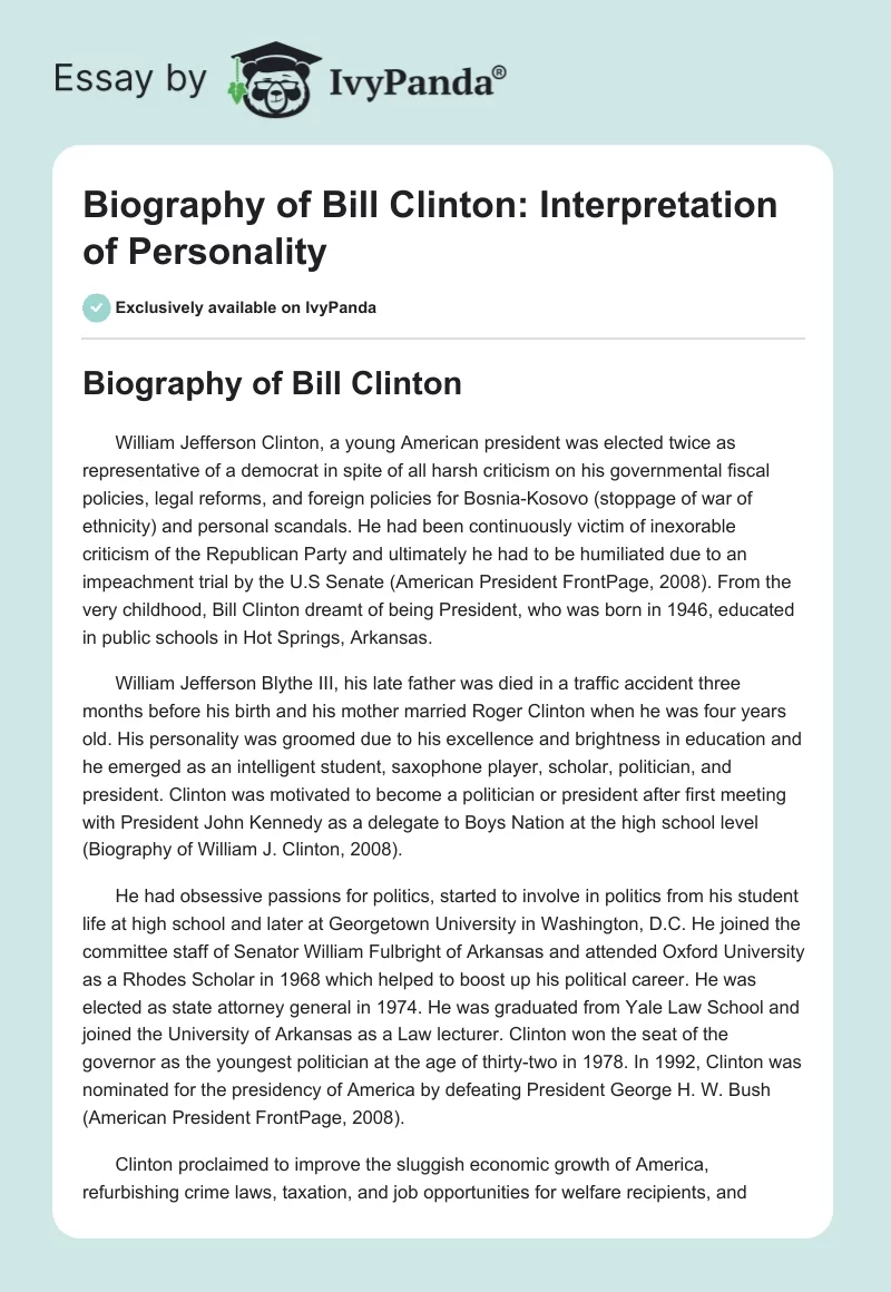 Biography of Bill Clinton: Interpretation of Personality. Page 1