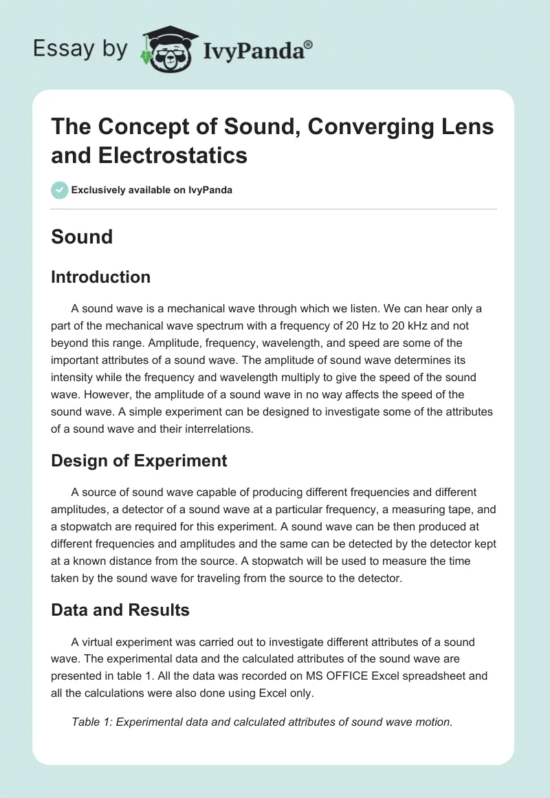The Concept of Sound, Converging Lens and Electrostatics. Page 1